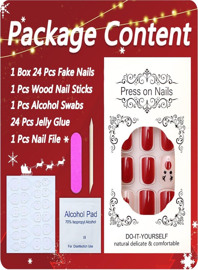 OCOUYVD Christmas Short Square Press on Nails Winter Xmas Red and White Stripe Reindeer Designs Pink Glossy False Nail Full Cover Christmas Acrylic Stick on Nails for Women Nail Art DIY 24 Pcs - Image 5